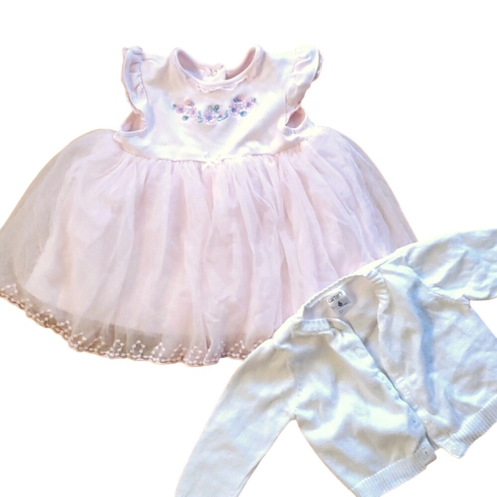 Little Me Girls Pink Embroidered Tutu Dress with Carters White Sweater 6M